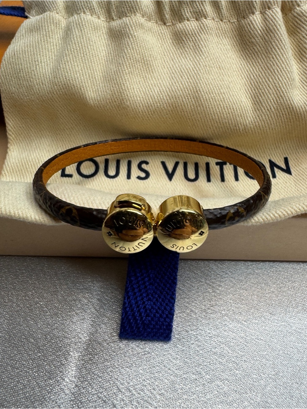 Louis Vuitton Brown Monogram Leather Bracelet with Gold-Tone Hardware